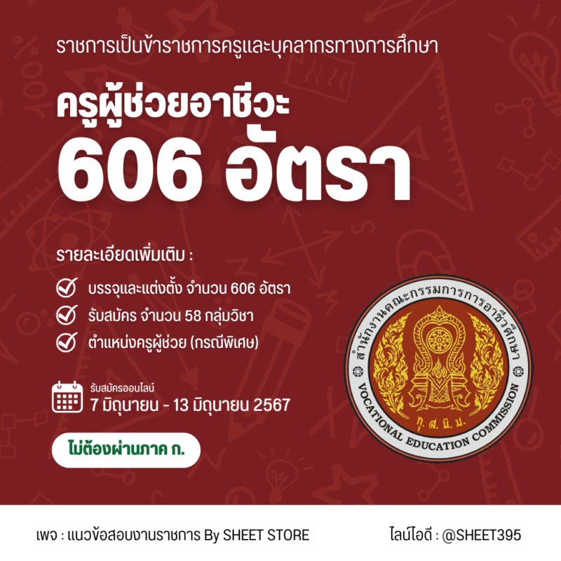 เปิดสอบครูผู้ช่วย อาชีวะ ประจำปี 2567 จำนวน 606 อัตรา